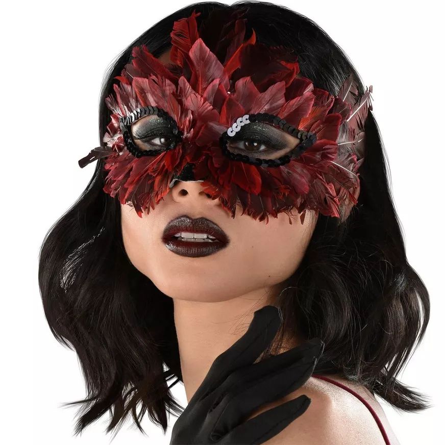 Ombre Sequin Feather Masquerade Eye Mask, Black/Red, One Size, Wearable Costume Accessory for Halloween CloseUp