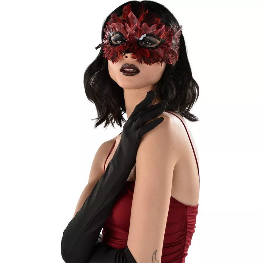 Ombre Sequin Feather Masquerade Eye Mask, Black/Red, One Size, Wearable Costume Accessory for Halloween Front_Angled_Left