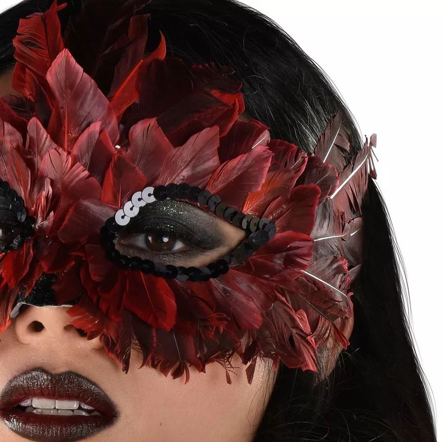 Ombre Sequin Feather Masquerade Eye Mask, Black/Red, One Size, Wearable Costume Accessory for Halloween CloseUp