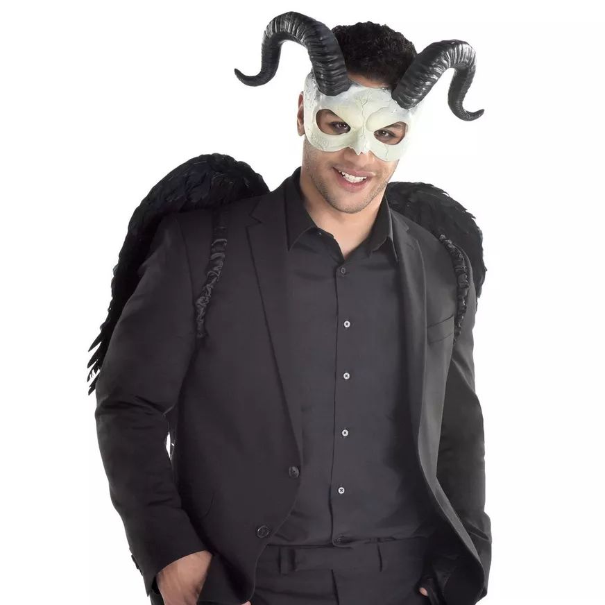 Ram Devil Horned Half Face Mask, Black/White, One Size, Wearable Costume Accessory for Halloween Front_Angled_Right