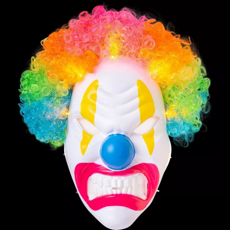 Clown Light-Up Neon Circus Mask with Hair, Multi-Coloured, One Size, Wearable Costume Accessory for Halloween Front_Flat