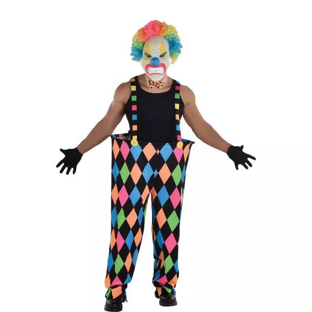 Clown Circus Suspender Pants, Neon Multi-Coloured Diamond, One Size, Wearable Costume Accessory for Halloween Front_Flat