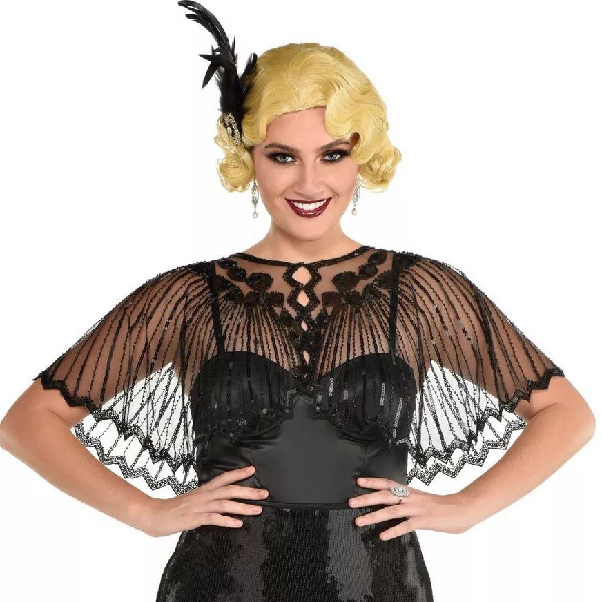 Cape diaphane fantaisie art déco pour femme, noir, taille unique, accessoire de costume à porter pour l'Halloween Front_Flat
