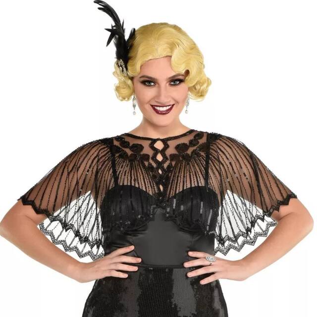 Women's Fancy Art Deco Sheer Capelet, Black, One Size, Wearable Costume Accessory for Halloween Front_Flat