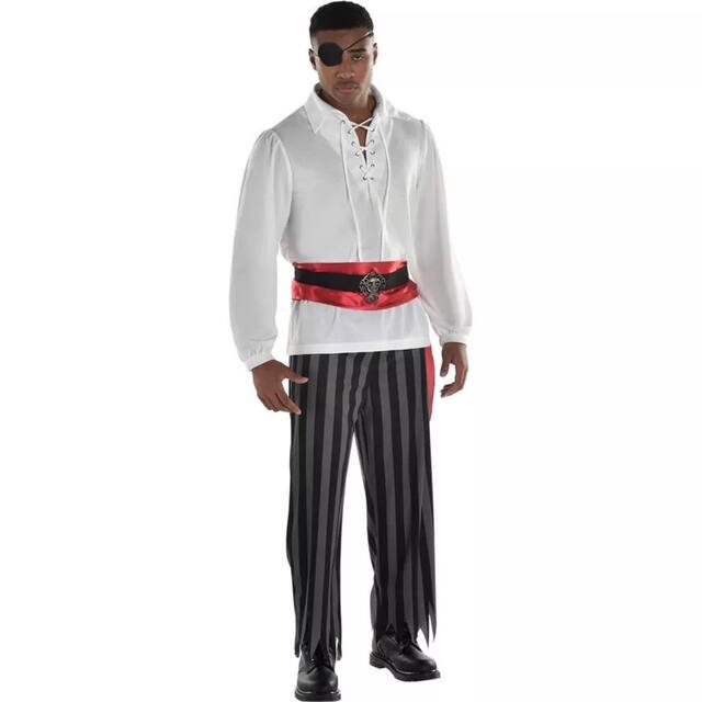 Adult Jagged-Hem Pirate Pants, Black/Grey Striped, One Size, Wearable Costume Accessory for Halloween Front_Angled_Right