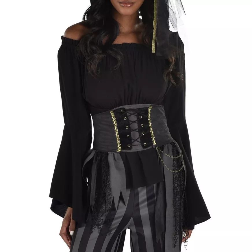 Pirate Wench Waist Corset Cincher with Gold Chain, Black, One Size, Wearable Costume Accessory for Halloween CloseUp