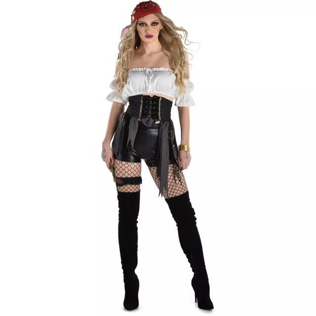 Pirate Wench Waist Corset Cincher with Gold Chain, Black, One Size, Wearable Costume Accessory for Halloween Front_Flat