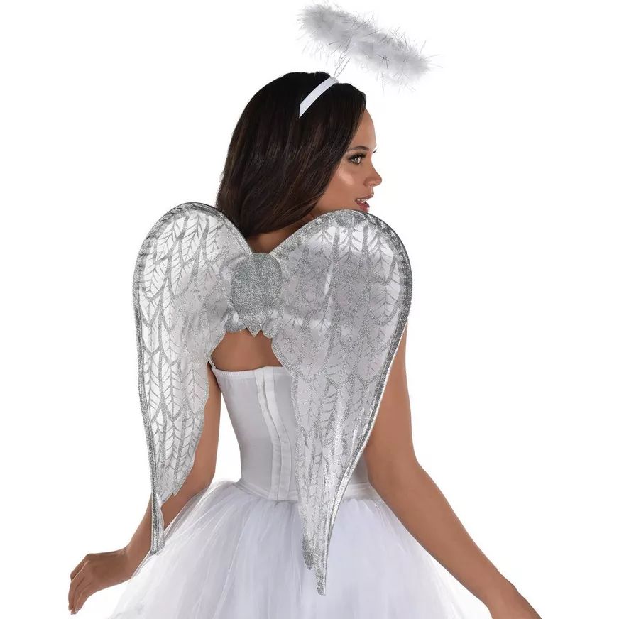 Angel Glitter Wings & Halo Set, White, One Size, 2-pk, Wearable Costume Accessory for Halloween Composite_or_Mixed