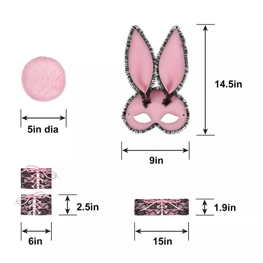 Bunny Kit with Mask, Choker, Cuffs & Tail, Pink/Black, One Size, 4-pk, Wearable Costume Accessories for Halloween Overhead_Flat