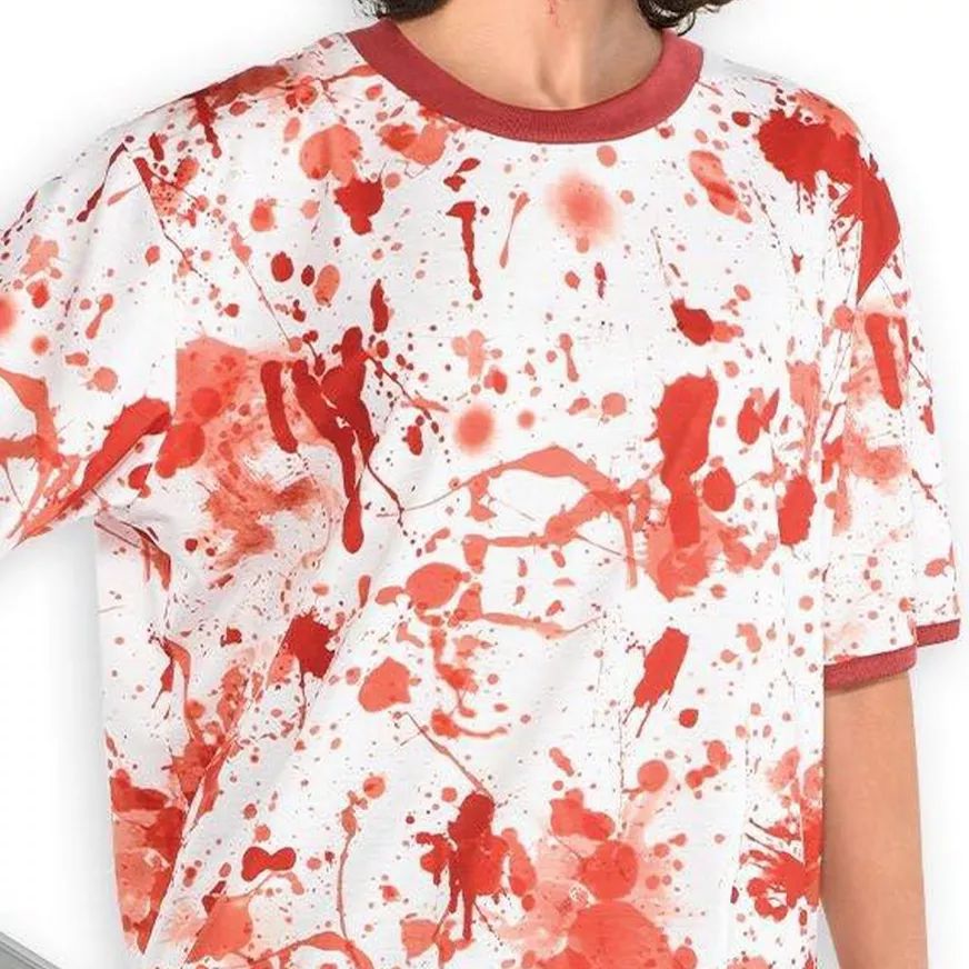 Adult T-Shirt, White/Red Blood Splattered, One Size, Wearable Costume Accessory for Halloween CloseUp