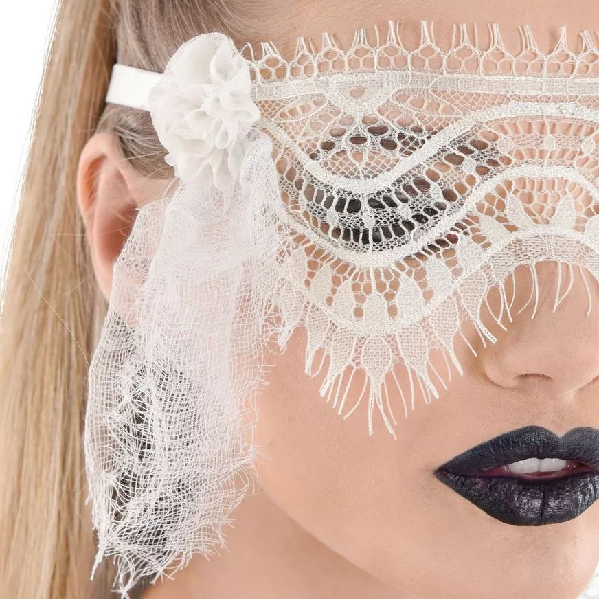 Scalloped Lace Eye Mask, White, One Size, Wearable Costume Accessory for Halloween CloseUp