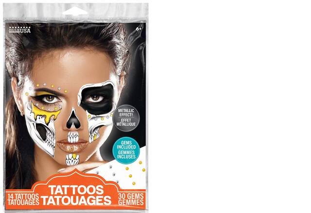 Tinsley Transfers Skull Gem Glam Temporary Tattoo, Gold, Wearable Favours  for Halloween Composite_or_Mixed