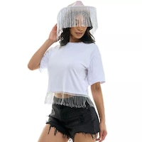 Women's White Rhinestone Fringe T-Shirt, Assorted Sizes Front_Angled_Left