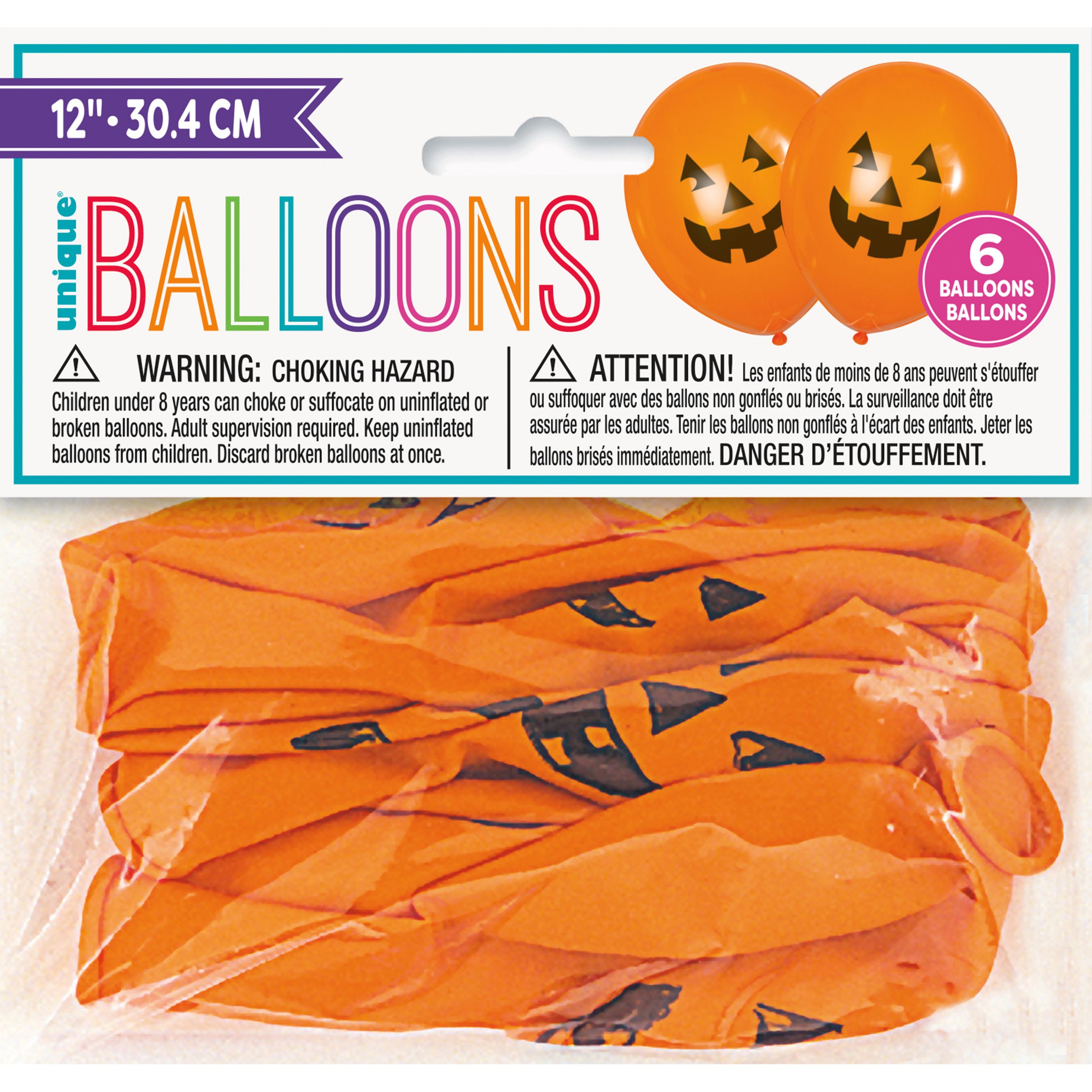 Ballons d'Halloween en latex citrouille-lanterne Unique, 12 po, paq. 6 Front_Flat
