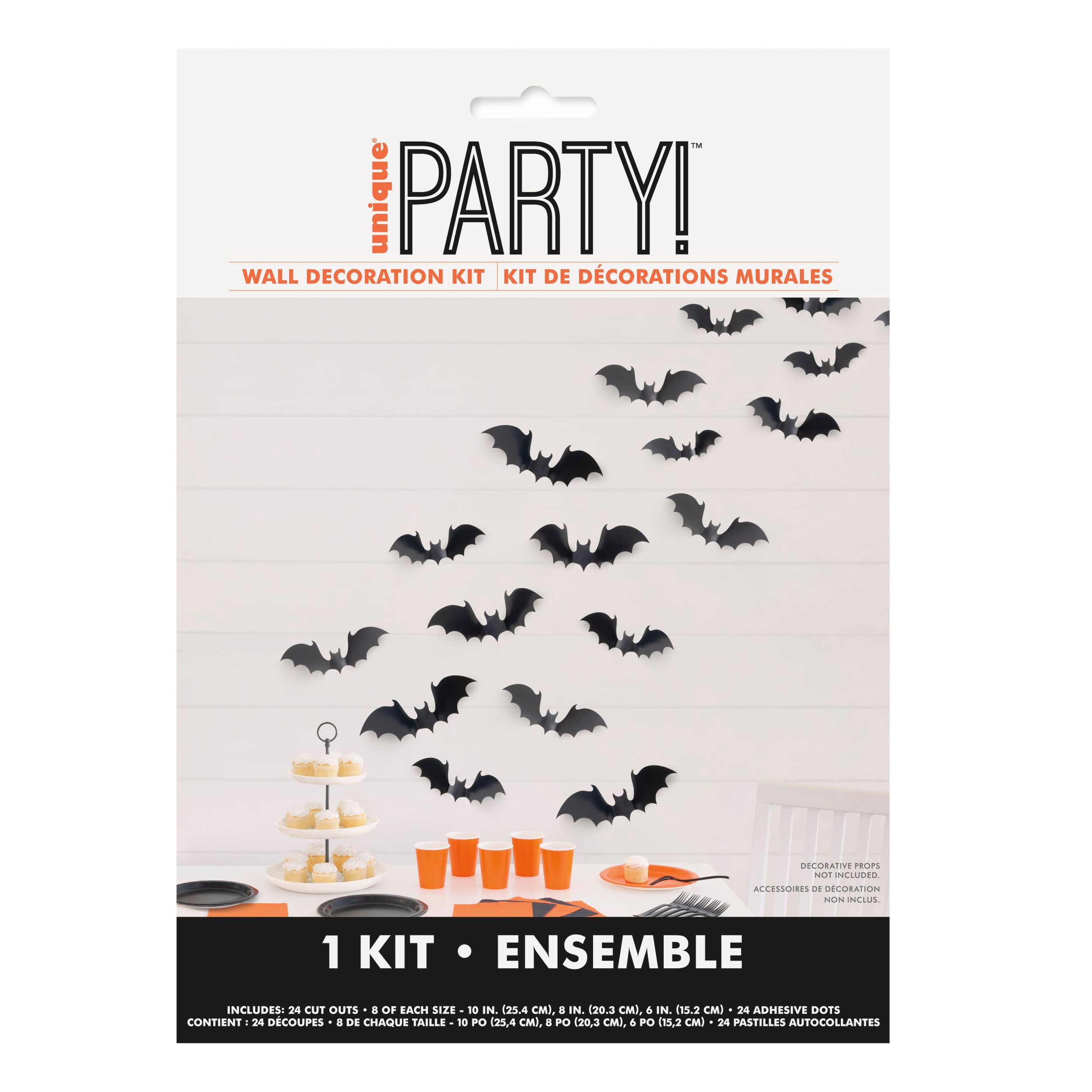 Unique Halloween Flying Bats Wall Décor Kit, Black, 18-pc Front_Flat