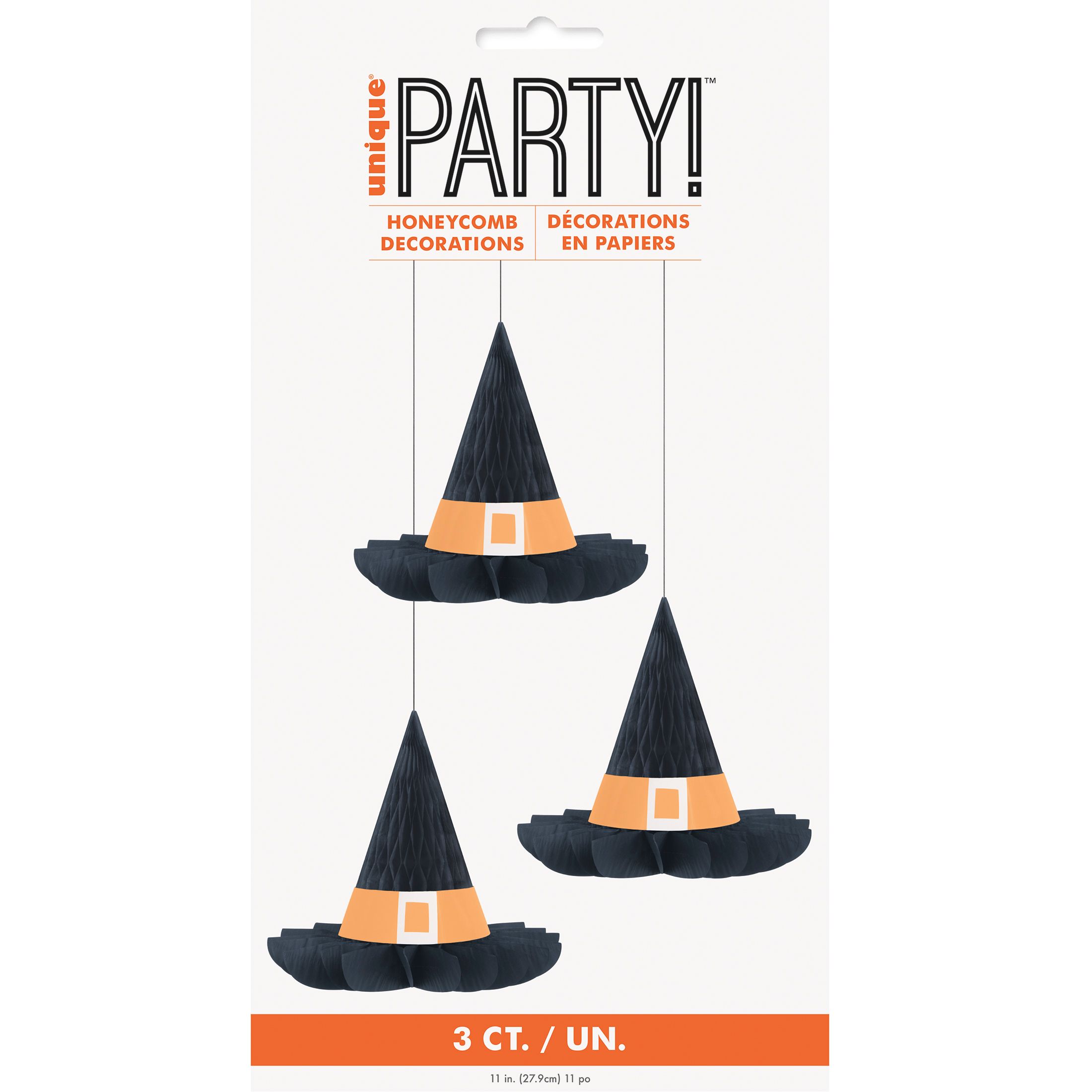 Unique Witch Hat Honeycomb Hanging Halloween Décor, Black, 3-pc Front_Flat