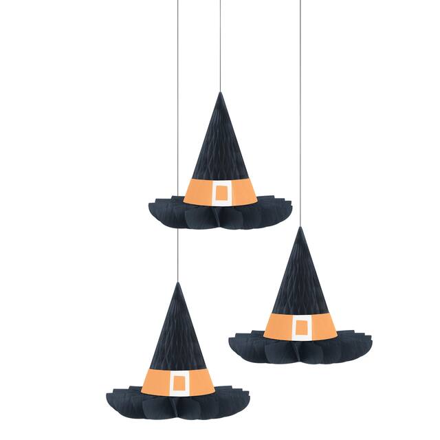 Unique Witch Hat Honeycomb Hanging Halloween Décor, Black, 3-pc Front_Flat