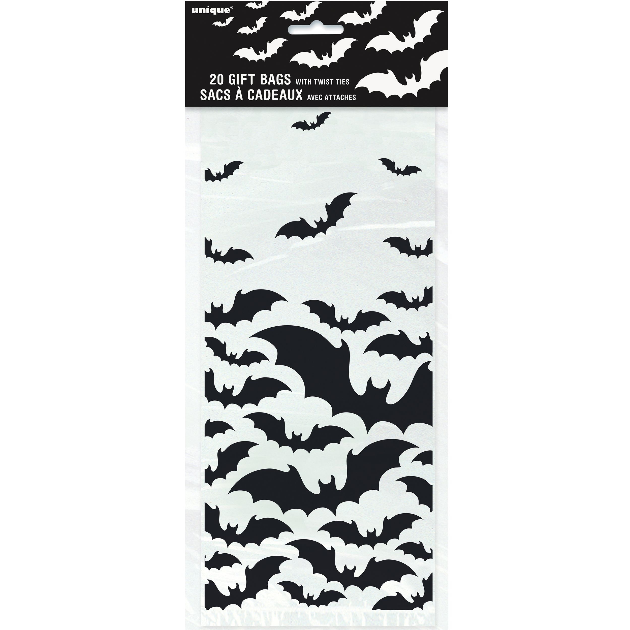 Unique Black Bats Cello Halloween Party Favour Gift Bag, 5x11-in, 20-pc Front_Flat