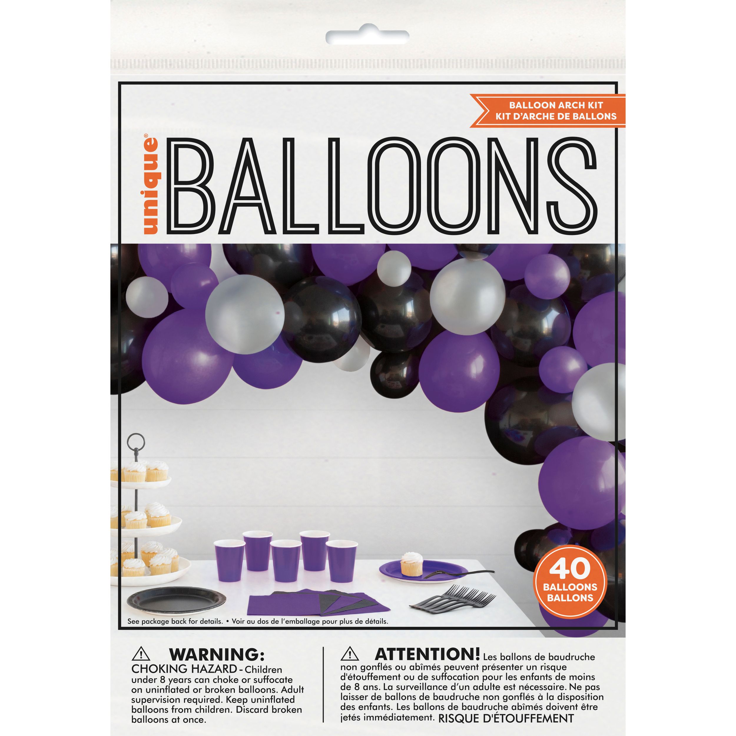 Arche de ballons d'Halloween en latex Unique, noir, argent et mauve, paq. 40 Front_Flat