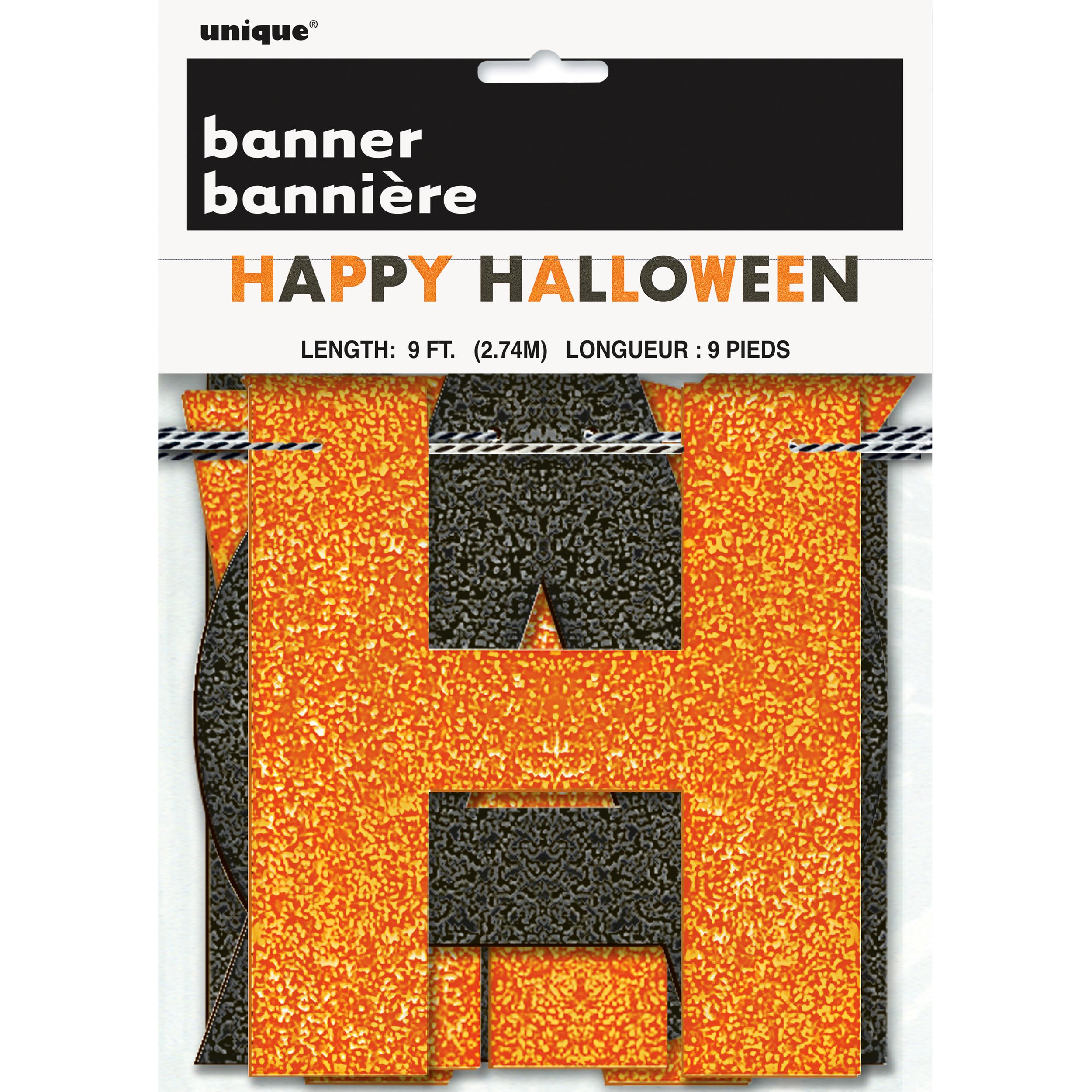 Unique Happy Halloween Glitter Banner Décor, Black/Orange, 9-ft Front_Flat