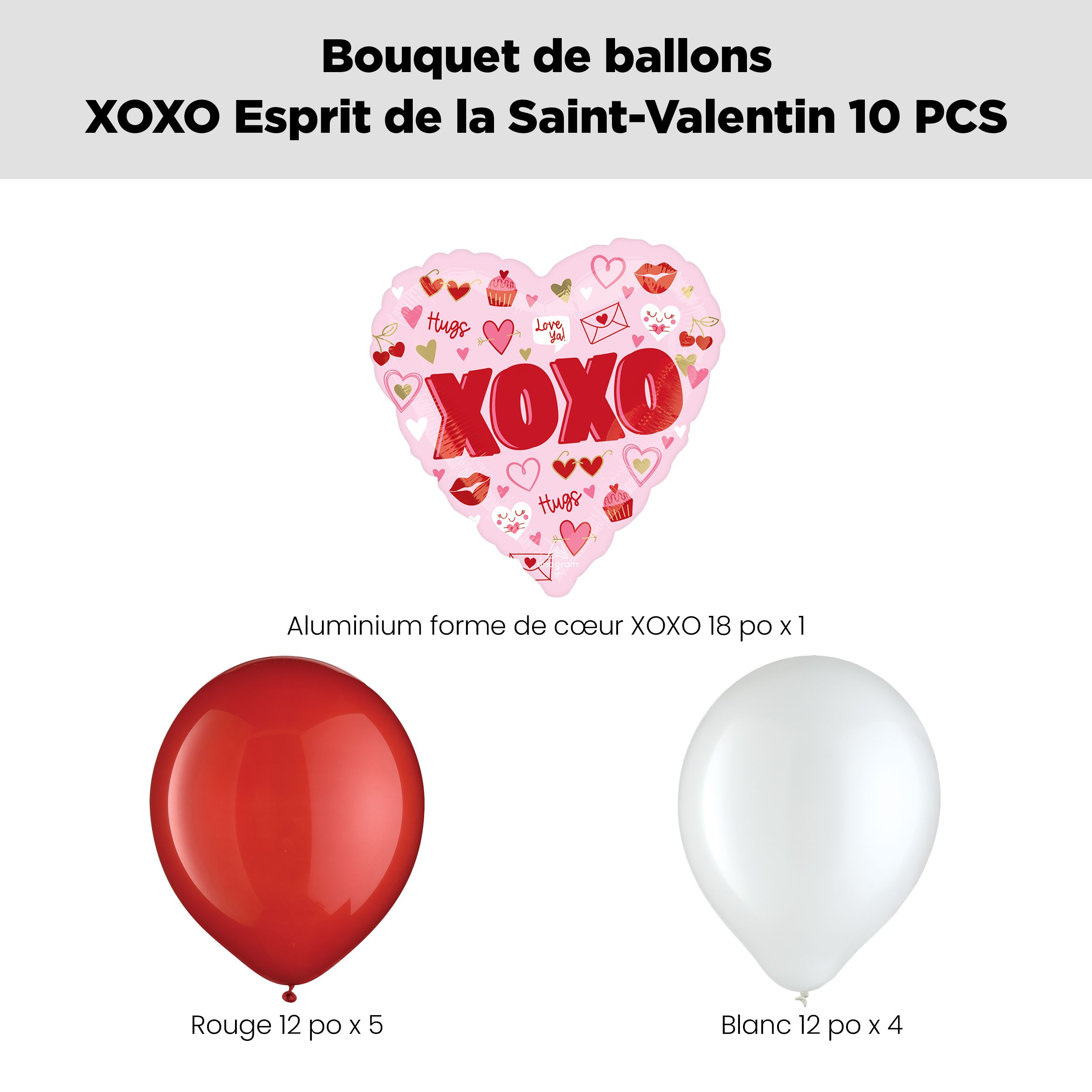 Bouquet de ballons XOXO pour la Saint-Valentin avec ballons en latex, rouge/blanc, paq. 10, gonflage à l'hélium et ruban inclus Front_Flat