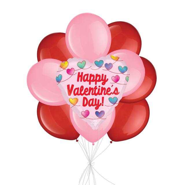 "Happy Valentine's Day!" Infinite Knots Balloon Bouquet with Latex Balloons, Red/Pink, 10-pk, Helium Inflation & Ribbon Included Front_Flat