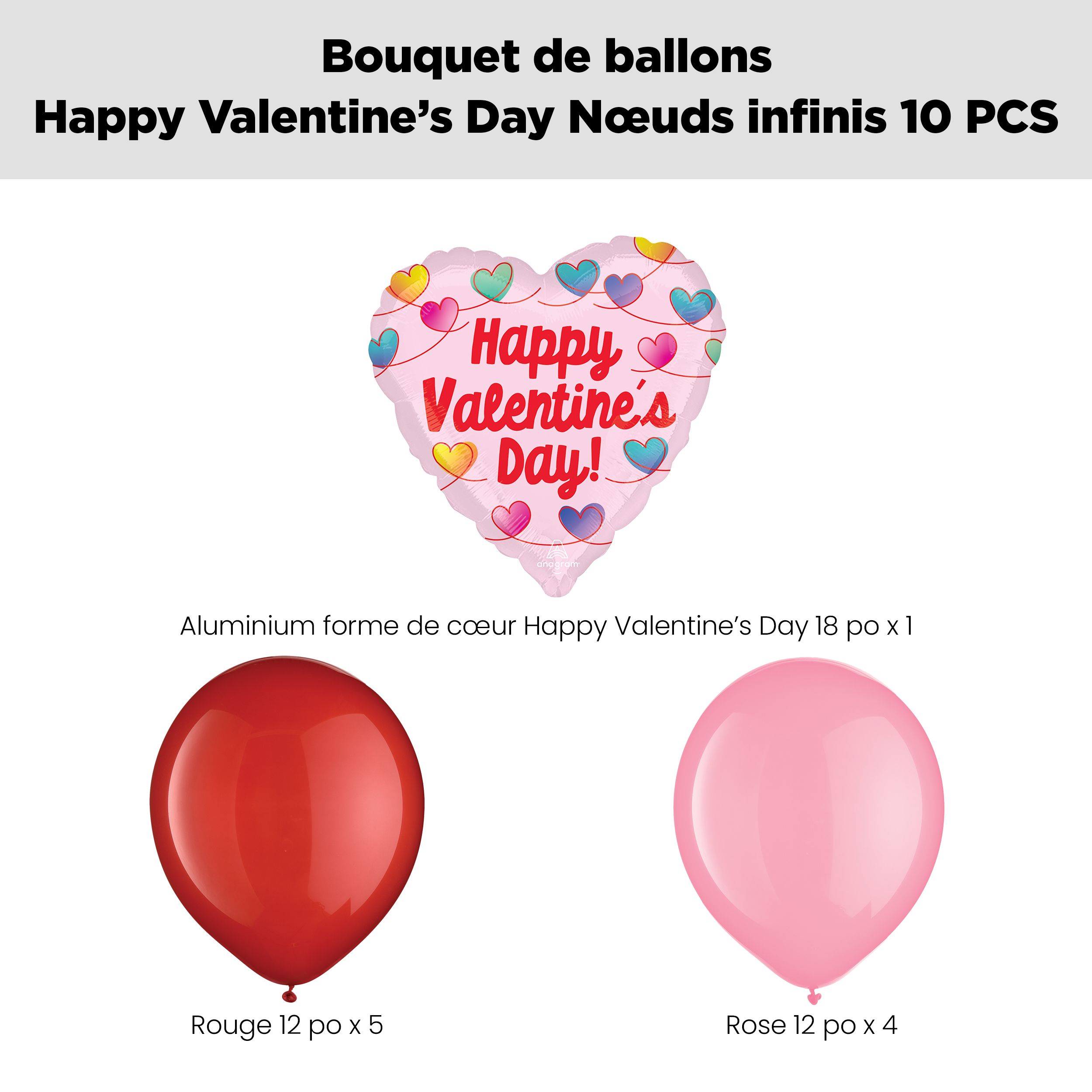 Bouquet de ballons noeuds infinis Happy Valentine's Day! avec ballons en latex, rouge/rose, paq. 10, gonflage à l'hélium et ruban inclus Front_Flat