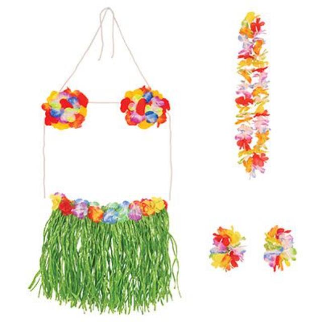 Adult Plastic Grass Hula Skirt Kit with Skirt, Bra, Wristlets & Lei, Green/Multi-Coloured, One Size, 5-pk, for Summer Party Front_Flat