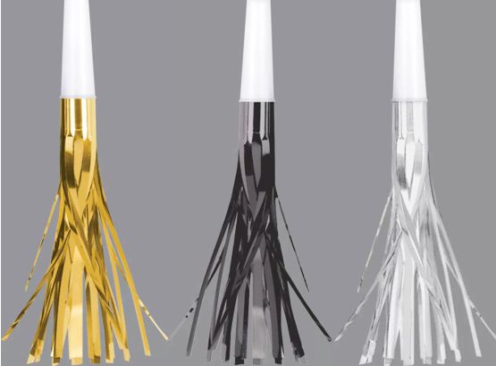 Metallic Fringe Blowout Noisemakers, Black/Gold/Silver, 8-pk, for New Year's Eve Front_Flat