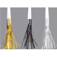 Metallic Fringe Blowout Noisemakers, Black/Gold/Silver, 8-pk, for New Year's Eve