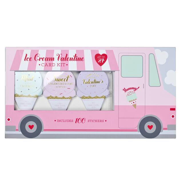 Valentine's Day Ice Cream Truck Card & Sticker Set for Valentine's/Anniversary Gift, 100 Stickers, 24-ct Front_Flat