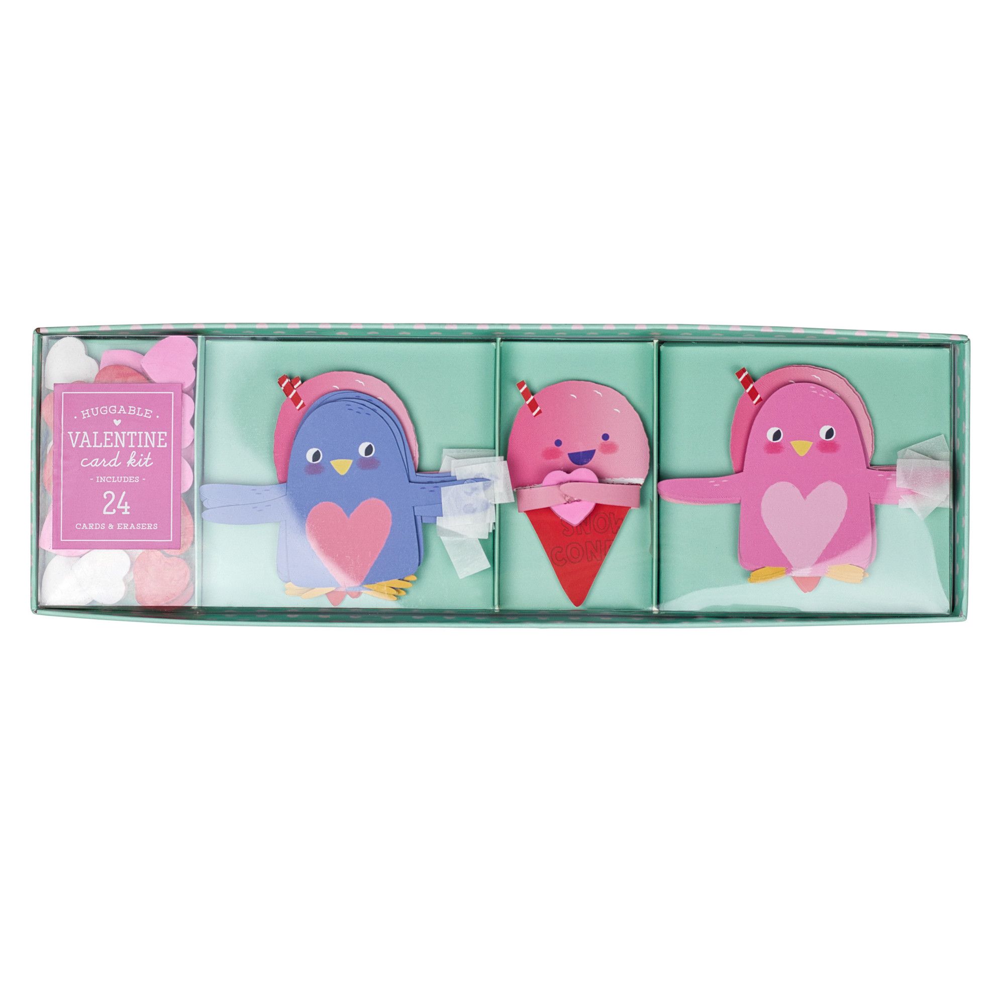 Valentine's Day Assorted Huggable Card Kit with Cards & Erasers, 24-pk Front_Flat