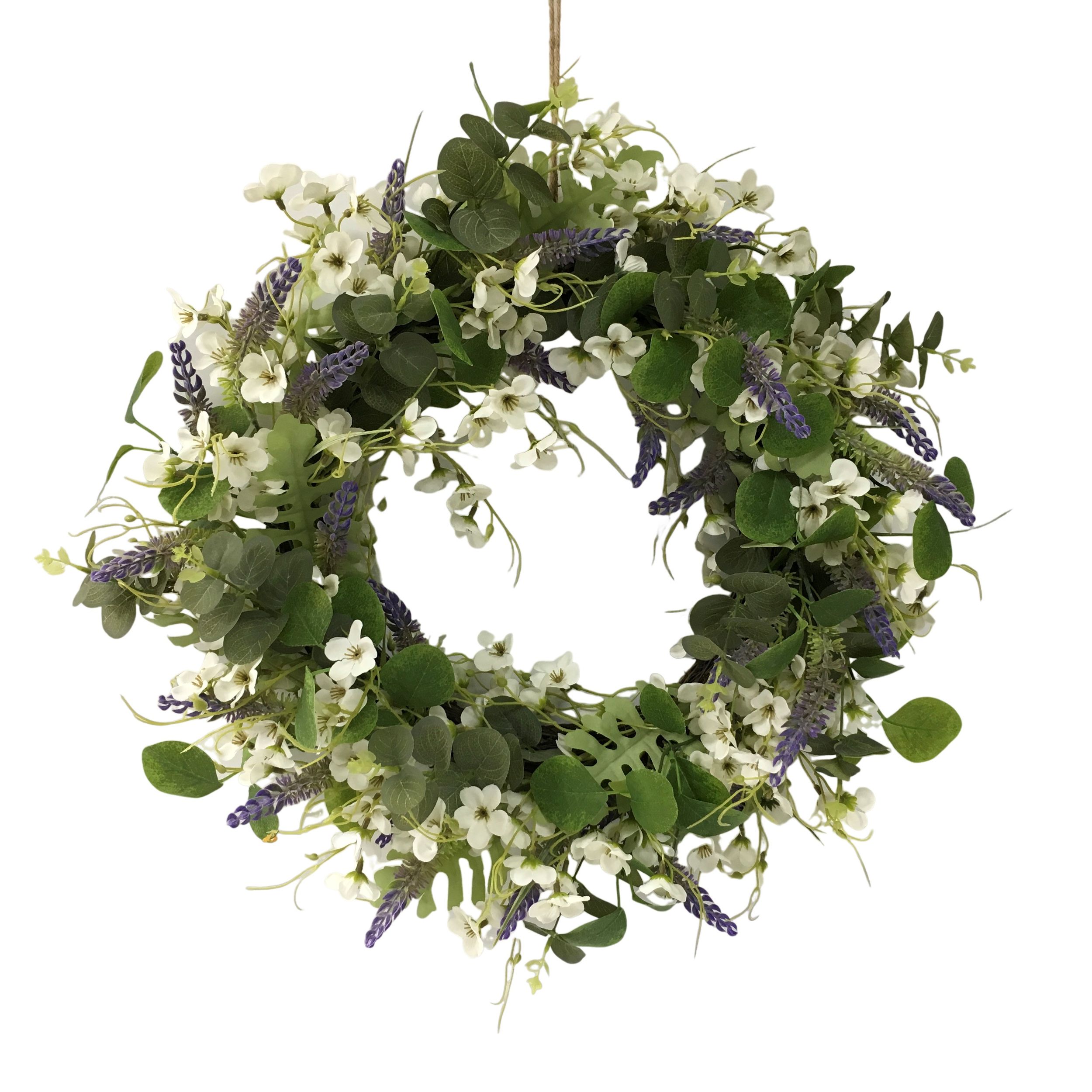Easter Décor Artificial Spring Wreath with Faux Leaves & Lavender Sprigs, 22-in Front_Flat