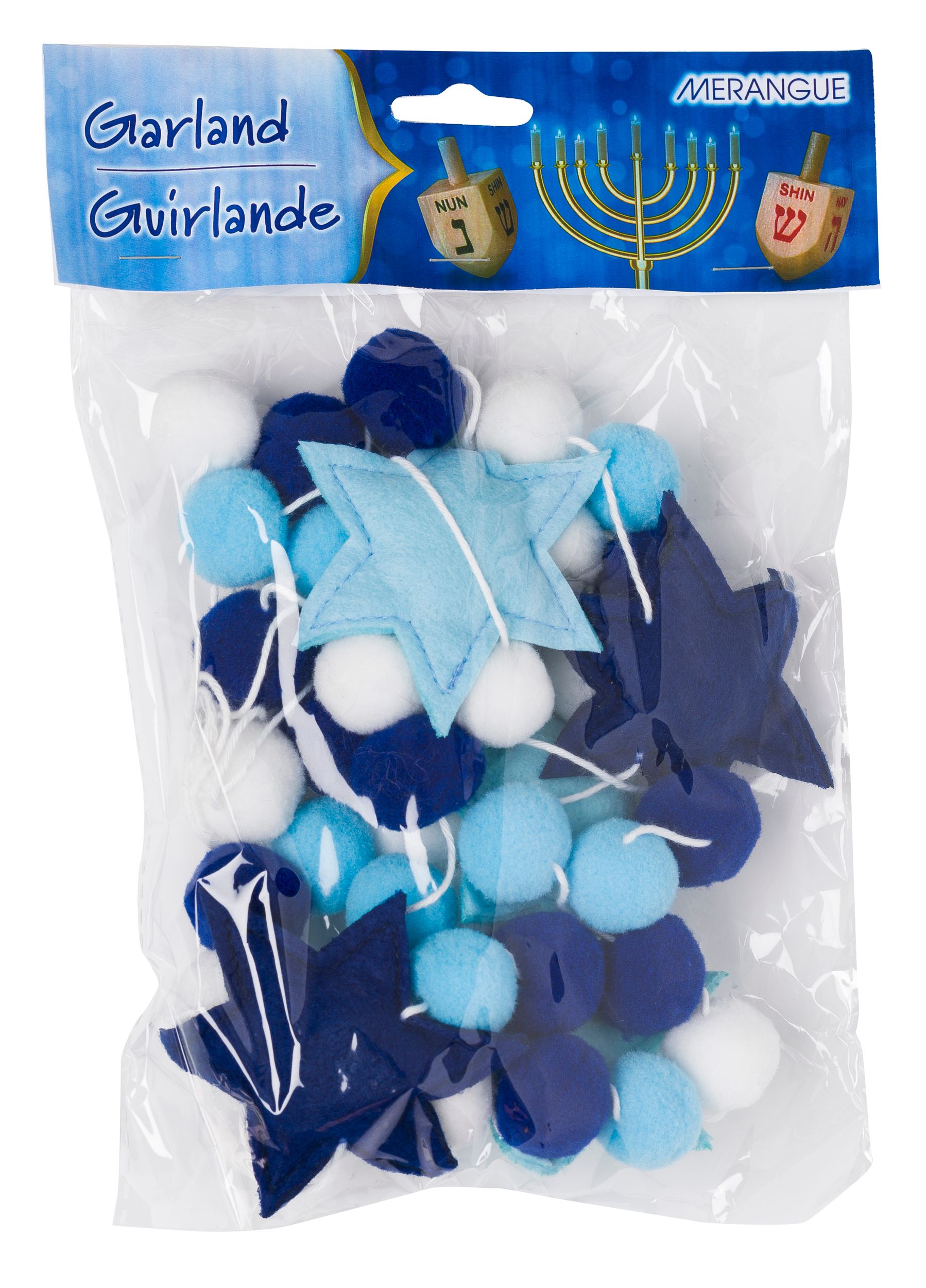 Merangue Hanukkah Blue/White Star and Pom Pom Garland Front_Flat