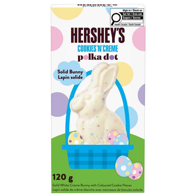 Hershey's Cookies 'N' Crème Solid White Chocolate Bunny with Coloured Cookie Pieces, 120-g Front_Flat