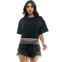 Chandail noir à franges en faux diamants pour femme, choix de tailles Front_Flat