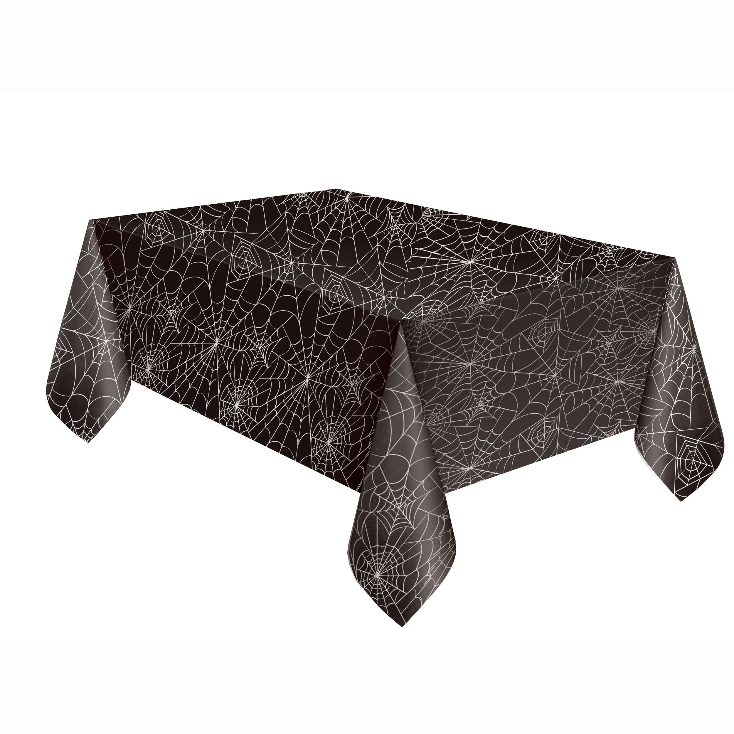 Unique Spider Web Black Halloween Water Resistant Plastic Table Cover, 84x54-in Front_Angled_Right