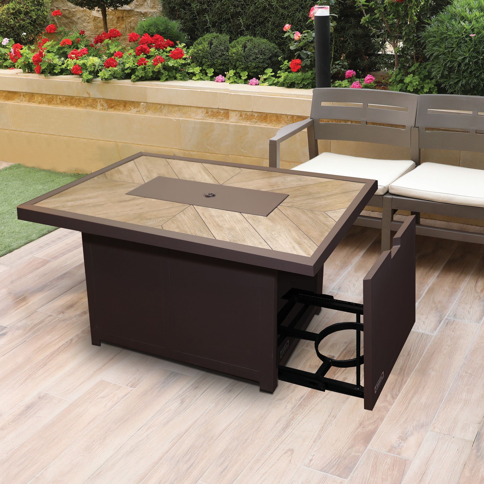 Sunbeam Ceramic Tabletop Aluminum Fire Table, Includes Lid & Protective Cover Front_Angled_Left