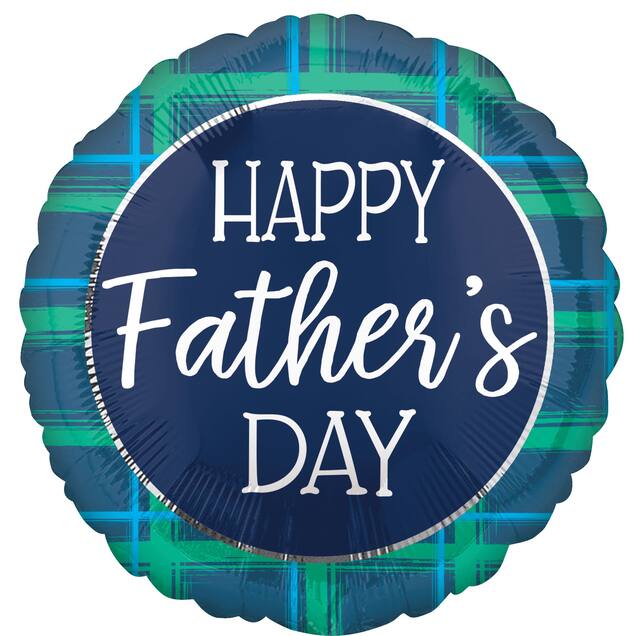 "Happy Father's Day" Round Satin Foil Balloon, Blue, Plaid, 18-in, Helium Inflation & Ribbon Included for Father's Day Front_Flat