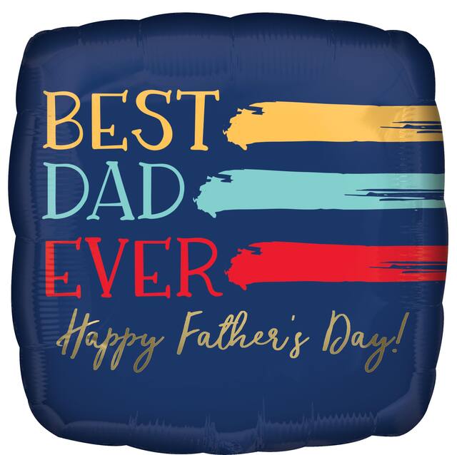 "Best Dad Ever" Square Satin Foil Balloon, Navy Blue, 18-in, Helium Inflation & Ribbon Included for Father's Day Front_Flat