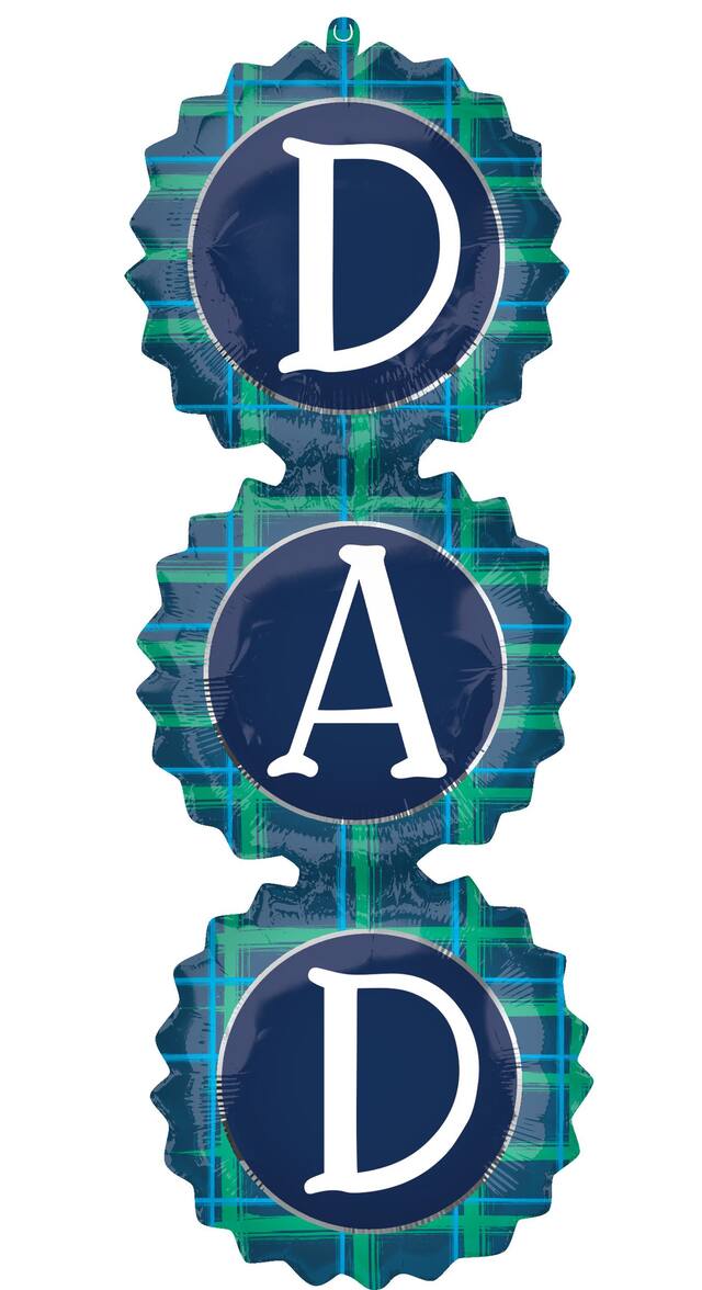"Dad" Round Satin Stacked Foil Balloon, Navy Blue/Green, Plaid, 36-in, Helium Inflation & Ribbon Included for Father's Day Front_Flat