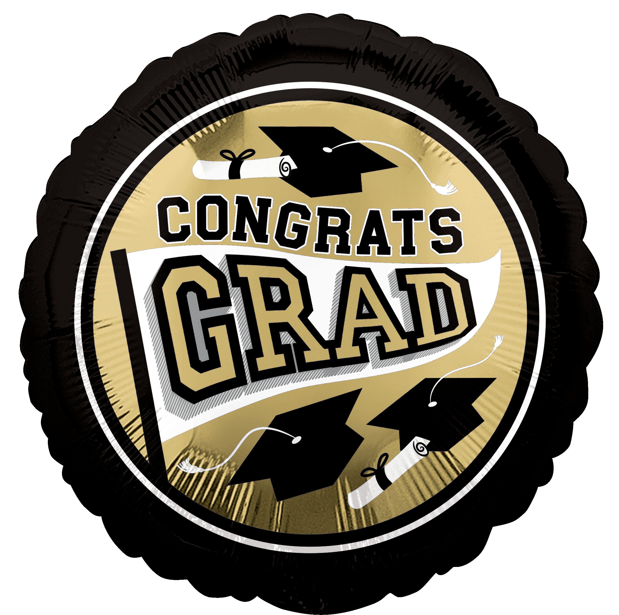 School Colours "Congrats Grad" Round Satin Helium Foil Balloon, White/Gold, 18-in, Helium Inflation & Ribbon Included for Graduation Front_Flat