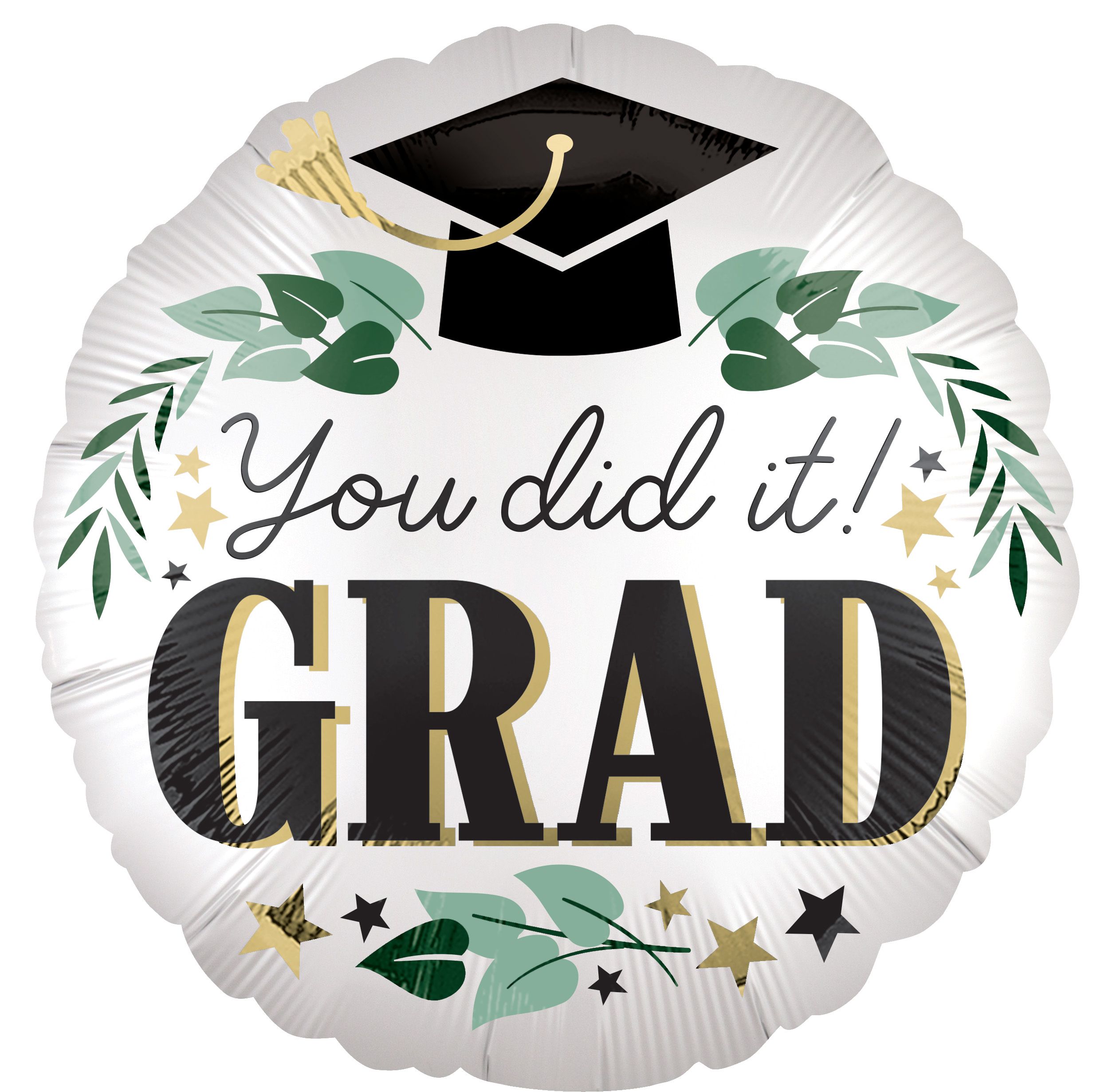 "You Did It Grad" Round Satin Foil Balloon, White/Black, Ivy, 18-in, Helium Inflation & Ribbon Included for Graduation Front_Flat