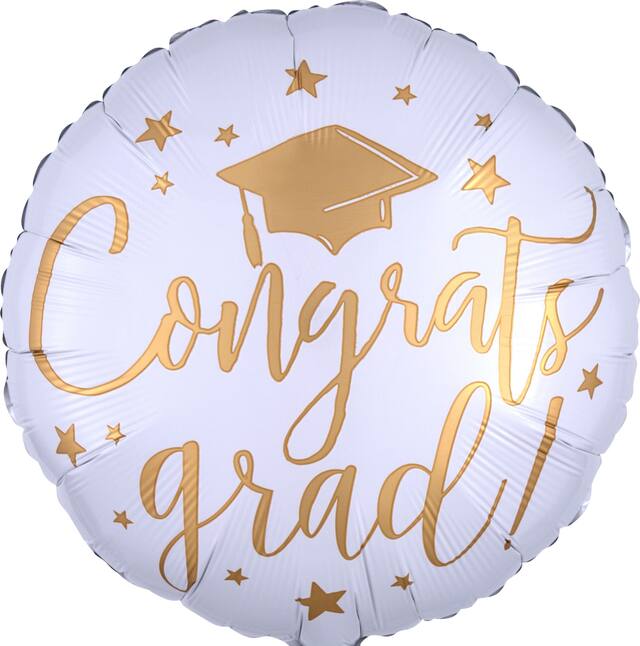"Congrats Grad" Round Satin Foil Balloon, White/Gold, 18-in, Helium Inflation & Ribbon Included for Graduation Front_Flat