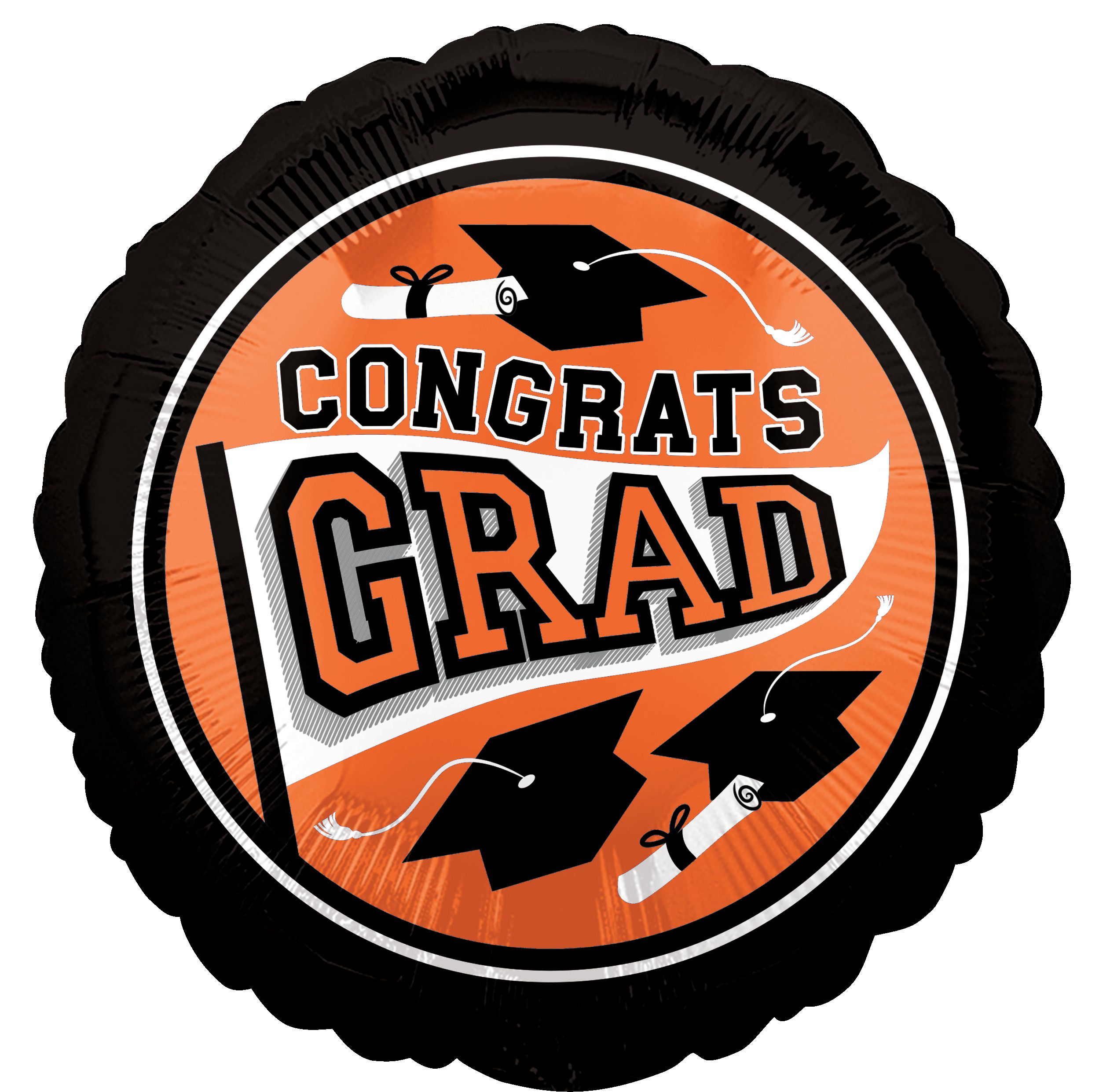 School Colours "Congrats Grad" Round Satin Foil Graduation Balloon, Orange, 18-in, Helium Inflation & Ribbon Included Front_Flat