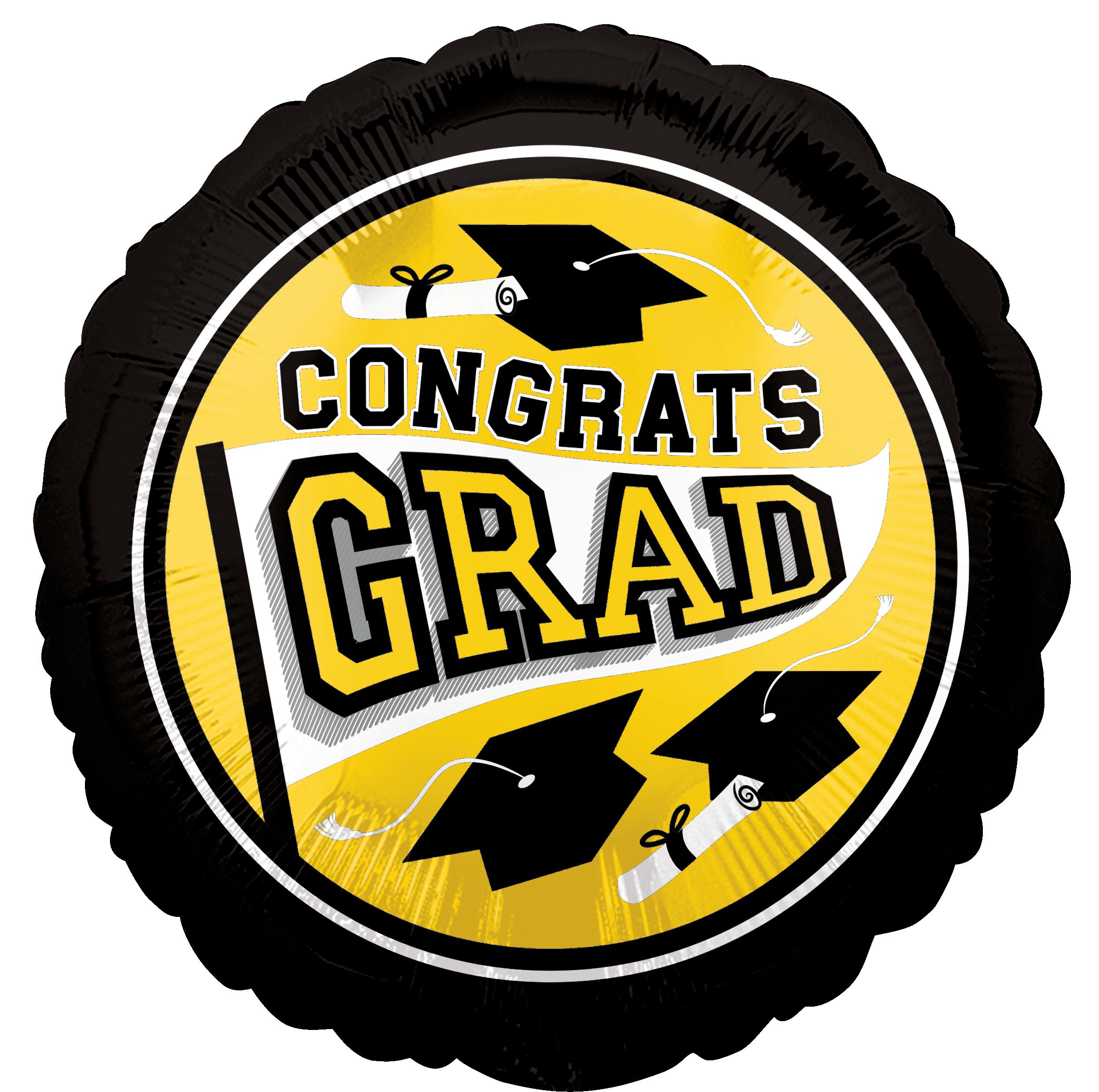 School Colours 'Congrats Grad' Round Satin Foil Graduation Balloon, Yellow, 18-in, Helium Inflation & Ribbon Included Front_Flat
