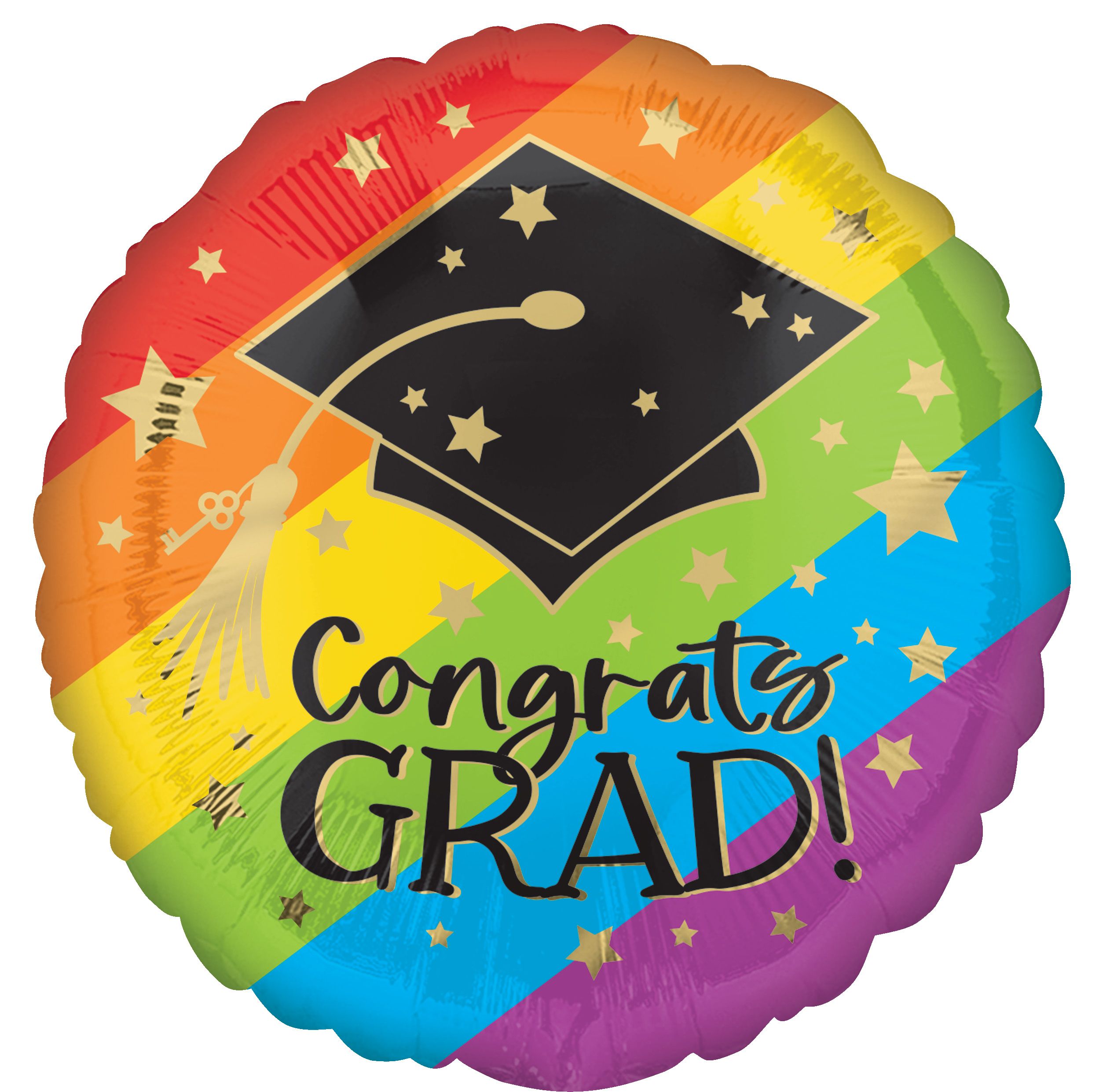 "Congrats Grad" Round Satin Foil Balloon, Rainbow, Striped, 18-in, Helium Inflation & Ribbon Included for Graduation Front_Flat