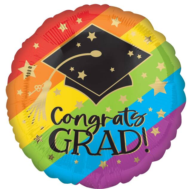 "Congrats Grad" Round Satin Foil Balloon, Rainbow, Striped, 18-in, Helium Inflation & Ribbon Included for Graduation Front_Flat