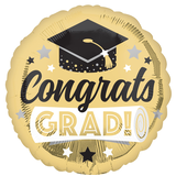 Ballon en aluminium satiné rond Congrats Grad, or/noir, 18 po, gonflement à l'hélium et ruban inclus, pour remise des diplômes Front_Flat