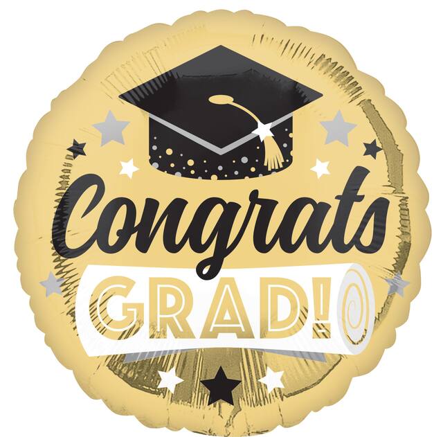 "Congrats Grad" Round Satin Foil Balloon, Gold/Black, 18-in, Helium Inflation & Ribbon Included for Graduation Front_Flat